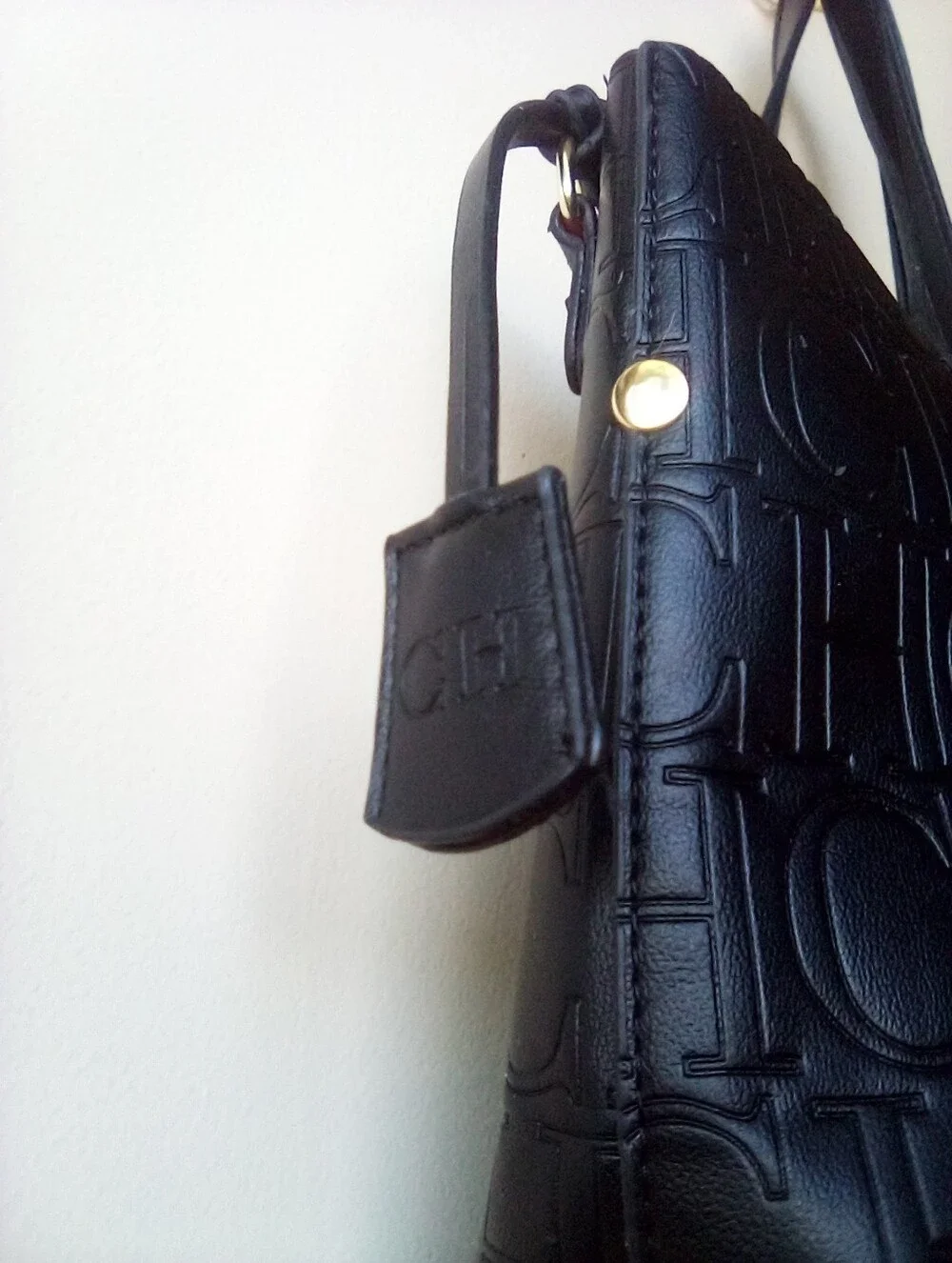 Women’s Embossed CHCH Logo Tote Bag in Black with Red Interior - Picture 6 of 10